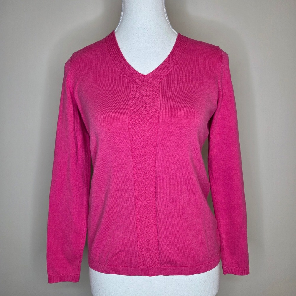 Talbots Petite Hot Pink V-Neck Sweater Knit Cotton Blend Size P Long Sleeve